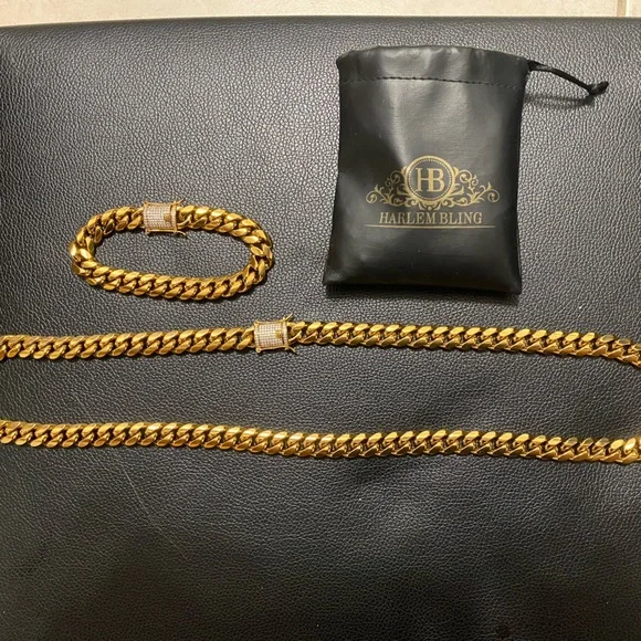 18k CUBAN LINK CHAIN AND BRACELET 18k GOLD PLATED 30" 9.5mm - Picture 4 of 16